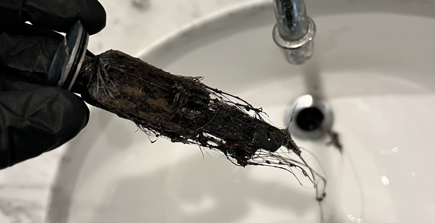 A hair and soap clog pulled from a bathroom sink drain on a Best Coast Plumbing service call