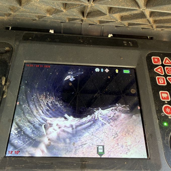 Camera view inside a Granada Hills storm drain line during the inspection.