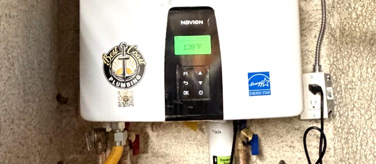 Tankless water heater installed by Best Coast Plumbing, running at 120 degrees